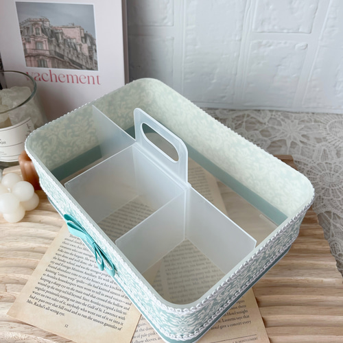 限定1】取手付き収納BOX大 ダマスク 水色×ホワイト リモコンラック