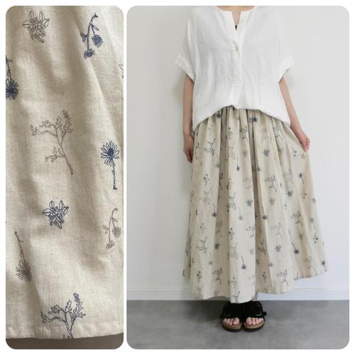【ネット限定】 刺繍生地のコットンリネンスカート フレア 生成り×ネイビー スカート