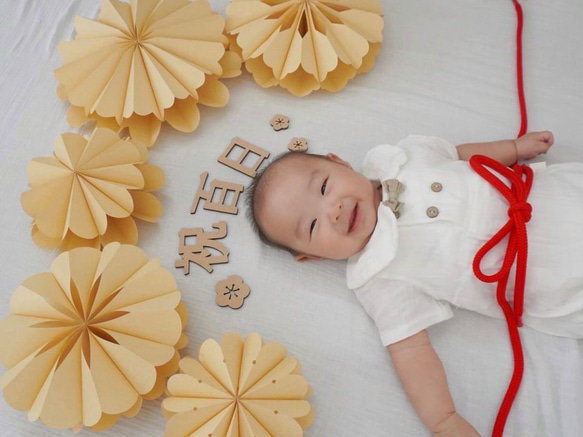 ペーパーファン お食い初め 祝百日 百日祝い 100日 ハーフバースデー セルフフォト　寝相アート 6枚目の画像