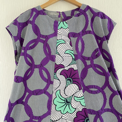 アフリカンプリント フレンチスリーブのワンピース 風通しの良いゆったりデザイン　紫とミントグリーン　 5枚目の画像