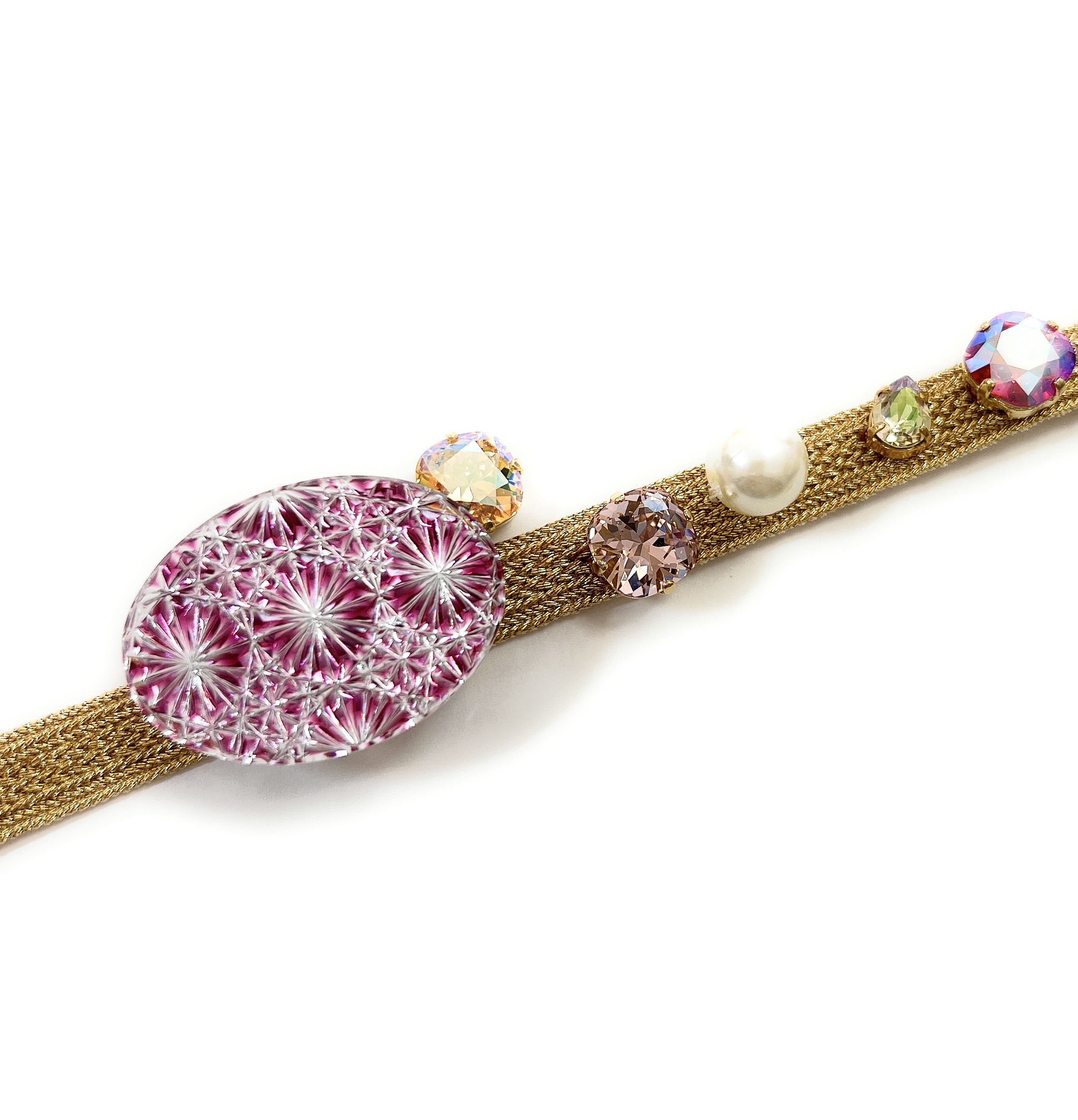 東京切子帯留め  技 オーバル　菊繋ぎ　ライト金赤