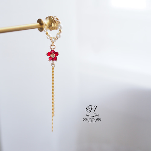 宝石のような輝き クリスタルパールとレッド flower* ロングチェーンの