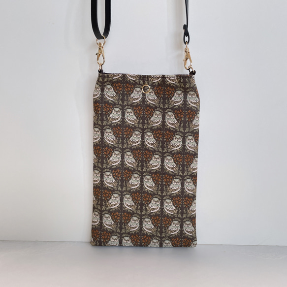 スマホショルダー 北欧調フクロウ×ブラウン/ポシェット スマホポーチ/合皮ショルダーストラップ　長さ調整可能◎ギフト 4枚目の画像