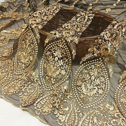 AZ162ゴールド 90㎝ 花柄刺繡カラー生地 立体刺繍生地 モチーフ