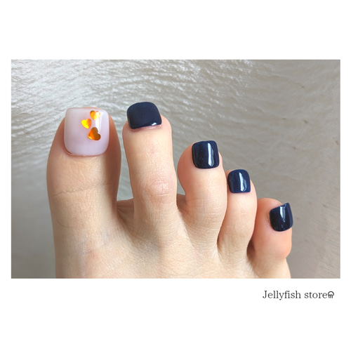 86｜フットネイル 親指2枚 Orange ハート シンプル ホログラム ワン