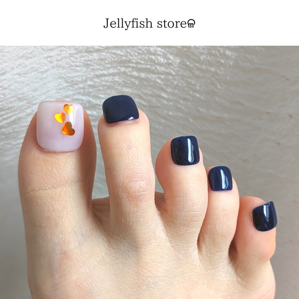 86｜フットネイル 親指2枚 Orange ハート シンプル ホログラム ワン