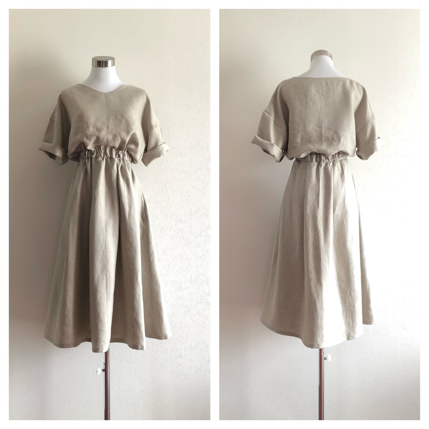 サイズオーダー／フレンチリネン5分袖ワンピース