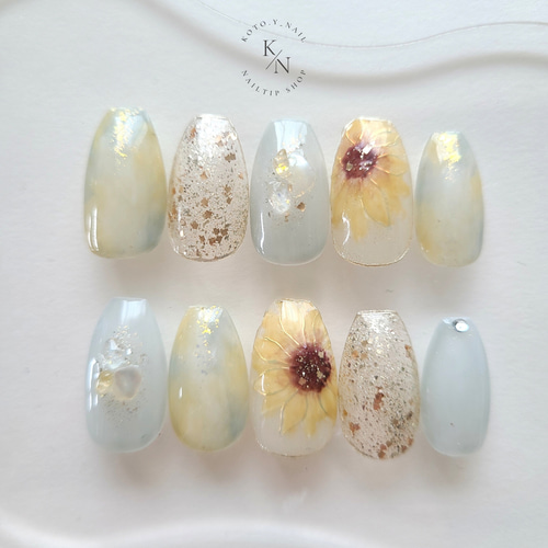 ネイルチップ サイズオーダー ひまわり ニュアンス 夏 フラワー ネイル
