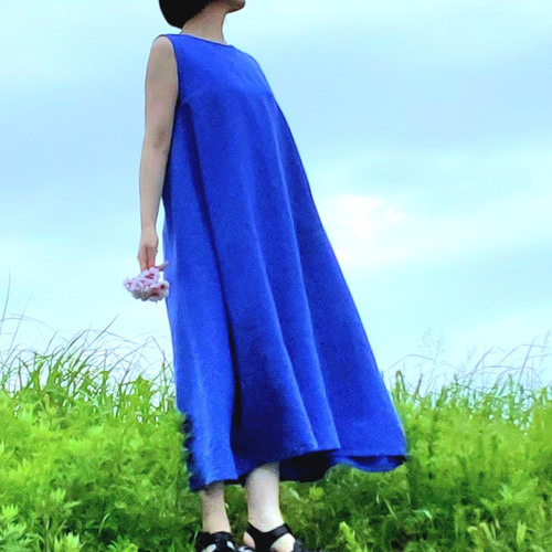 風が通る服】2wayさらりと心地よいリネンワンピース 瑠璃色 選べる