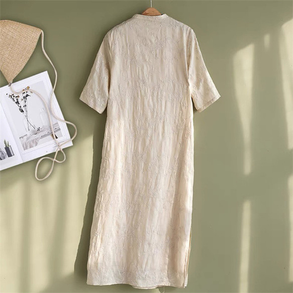 夏の綿麻ワンピース、半袖ワンピース、綿麻ロング丈スカート、コットンリネンワンピース 3枚目の画像