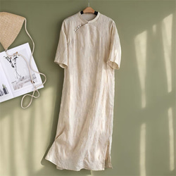 夏の綿麻ワンピース、半袖ワンピース、綿麻ロング丈スカート、コットンリネンワンピース 2枚目の画像