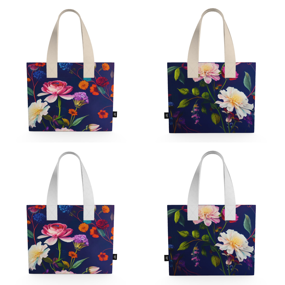 宝石や鉱石のように輝く北欧のカラフルで色鮮やかな花柄や蒼い背景が上品でお洒落 キャンバストートバッグ