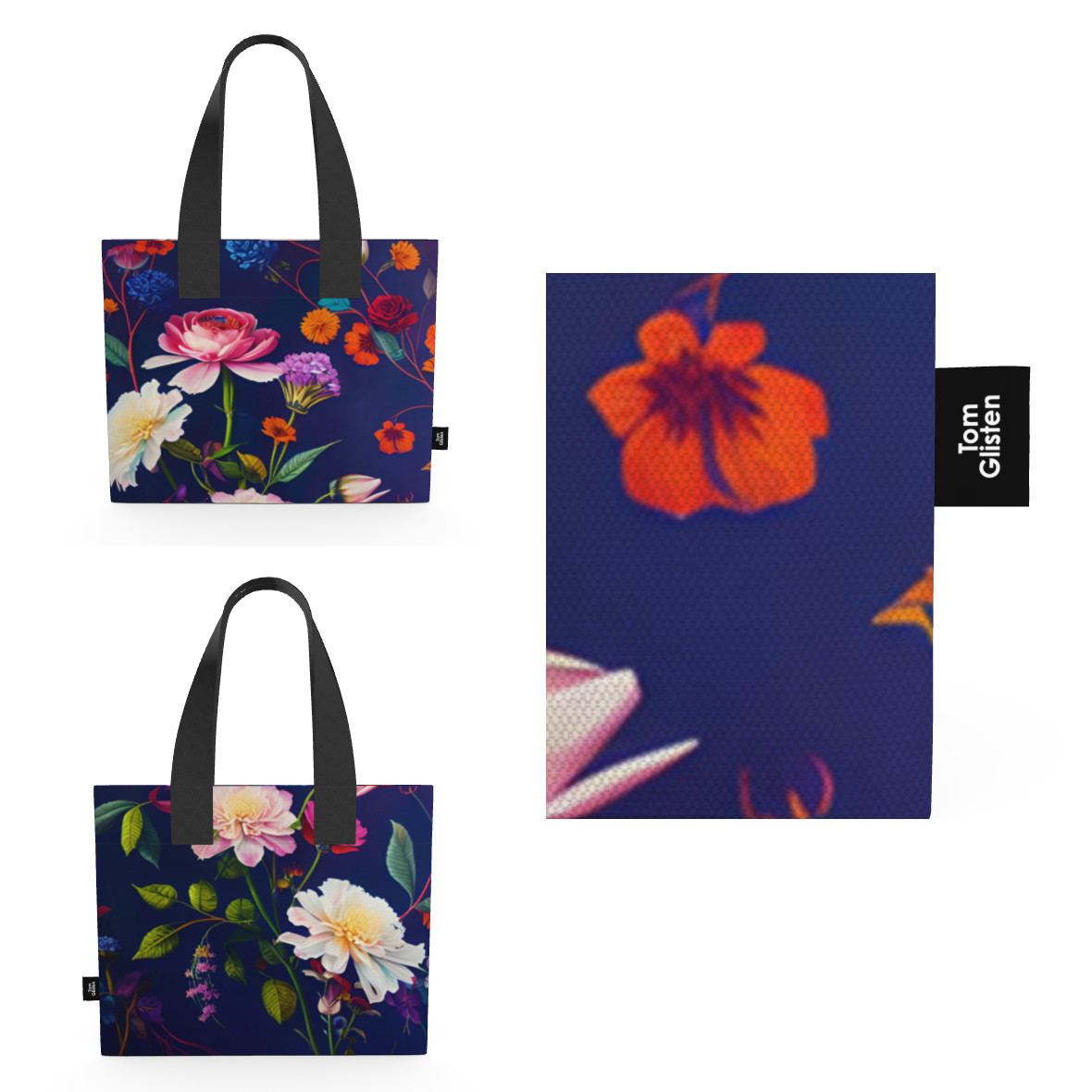 宝石や鉱石のように輝く北欧のカラフルで色鮮やかな花柄や蒼い背景が上品でお洒落 キャンバストートバッグ