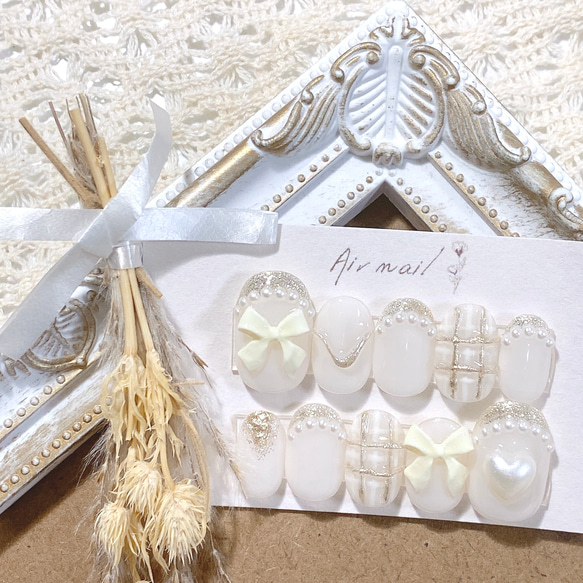 ネイルチップ フレンチガーリー リボンネイル ホワイト ゴールド  