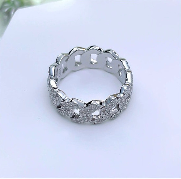 チェーン ウィーヴ  パヴェ 高炭素ダイヤモンド キラキラ ゴージャス ラグジュアリー リング 指輪 ホワイト アート 6枚目の画像