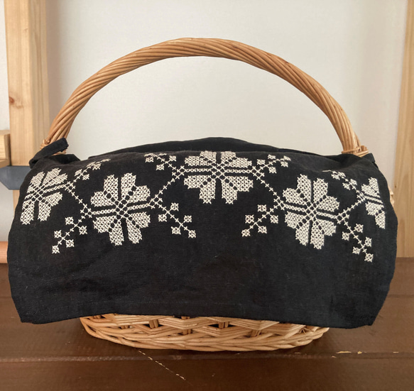 リネンかごカバー 北欧風手刺繍バスケットカバーB かごバッグ Ha 