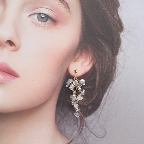 天然石とパールのロング小枝アクセサリー ピアス/イヤリング 天然石とパールのロング小枝アクセサリー ピアス/イヤリング