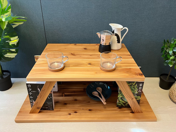 【送料無料】 ローテーブル 長方形 格子脚 90cm 60cm 45cm 収納付き 杉 