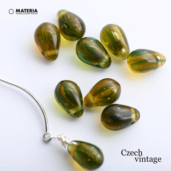 チェコヴィンテージビーズ ティアドロップ ブラウン＆オリーブ 