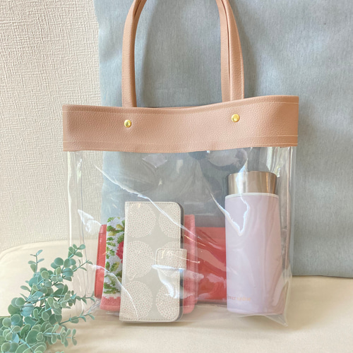 3way♪PVCレザーとリバーシブル巾着のクリアビニールトートバッグ  