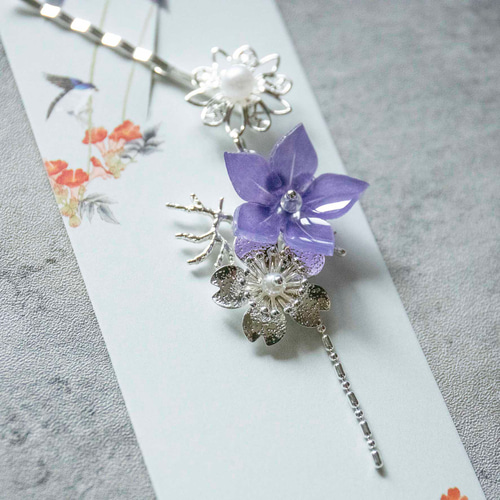 色選べる 清楚で可愛い紺桔梗と桜 ゆらゆらかんざし 髪飾り ヘア