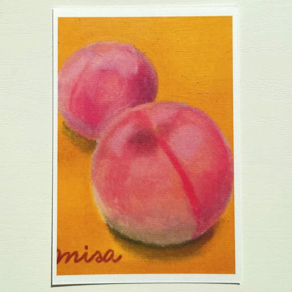 ポストカード 印刷 絵 絵画 桃 植物 果物 フルーツ ピンク オイルパステル 1枚目の画像