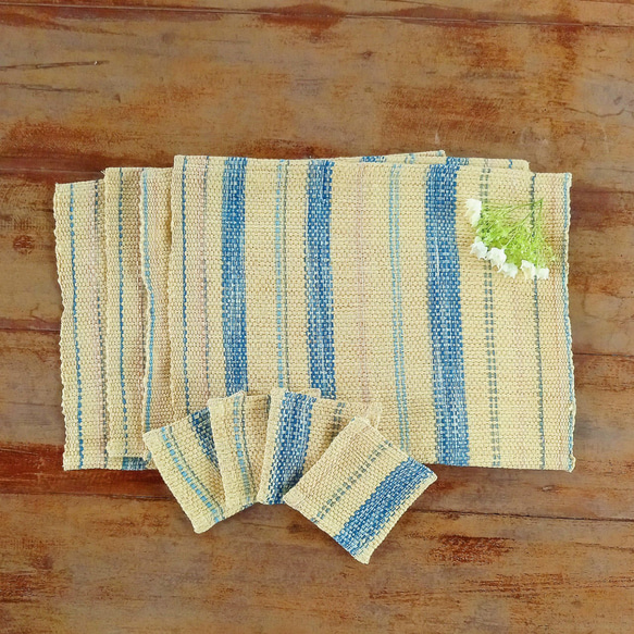 [セール]草木染めコットンの手織りランチョンマット / マンゴーイエロー / 2枚セット 9枚目の画像