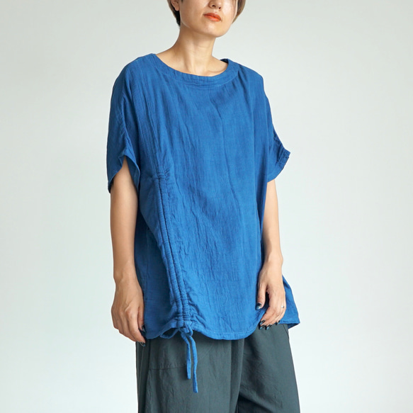2wayシャーリングTシャツ/ブルー/知多木綿 ダブルガーゼ 2枚目の画像