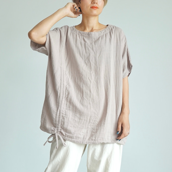 2wayシャーリングTシャツ/ピンクベージュ/知多木綿 ダブルガーゼ 2枚目の画像
