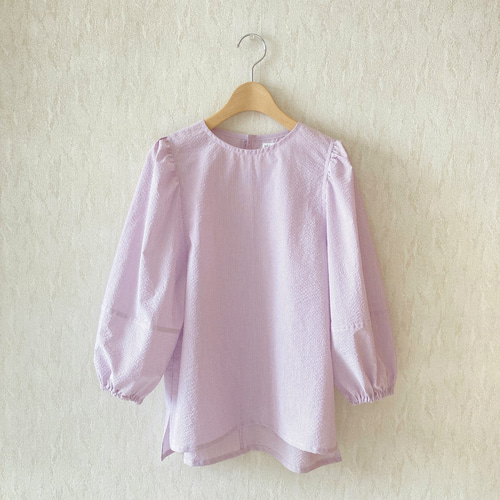 SALE!】[S]サッカーストライプパフスリーブブラウス/パープル 