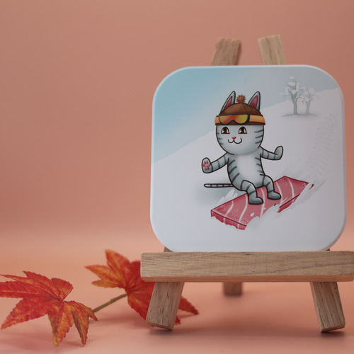 猫イラストの吸水コースター～お刺身でスキーに行こう