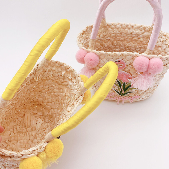 かごバッグ ショルダー ピンクフラミンゴ 黄色手作りハンドバッグ かわいいホリデー旅行ビーチ サマーバッグ 編みバッグ 4枚目の画像