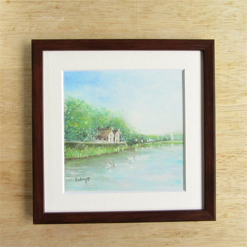 パステル画（原画）河のある風景・朝。 パステル画 静かな朝の風景（Creema限定 原画 額付） 絵画