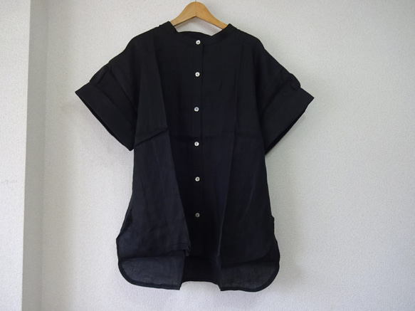 （特売）en-enリネン・シェフ風シャツ・太カフス付きギャザー袖シャツ・黒 1枚目の画像