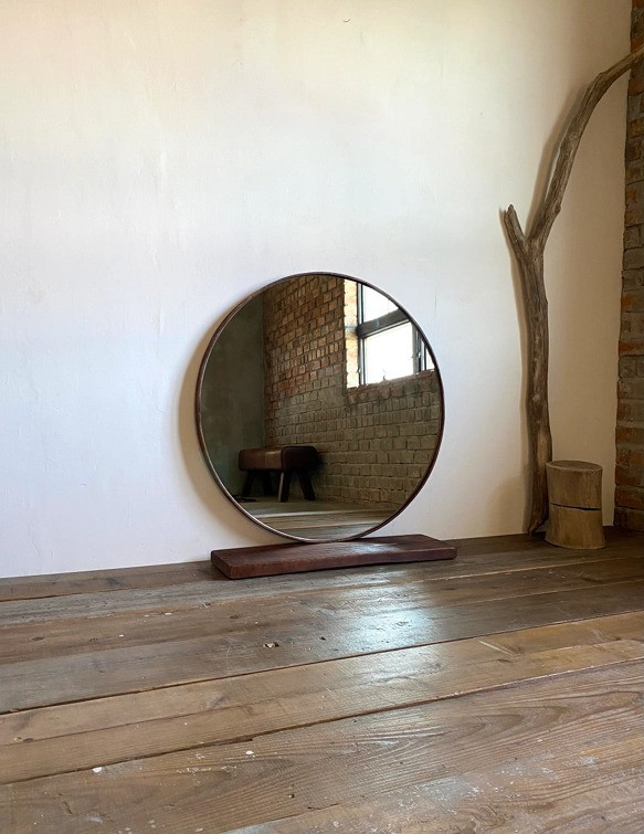 数量限定　RM-8　古材　丸型　鏡　ミラー　木製枠　壁掛け　置き鏡　美容室　ご自宅　ラウンド　サークル　円型 1枚目の画像