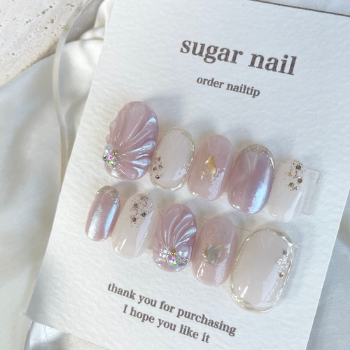 ネイルチップ 夏ネイル サマーネイル マーメイドネイル ピンク シェル  