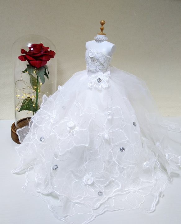 286一点物ミニチュアウエディングドレス☆白ホワイト花と薔薇のロング