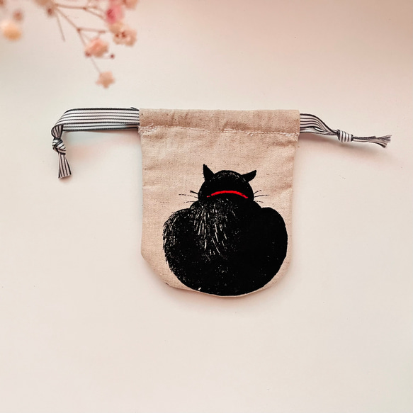 オリジナル手作り日本製生地猫尻柄巾着ポケット収納袋 6枚目の画像