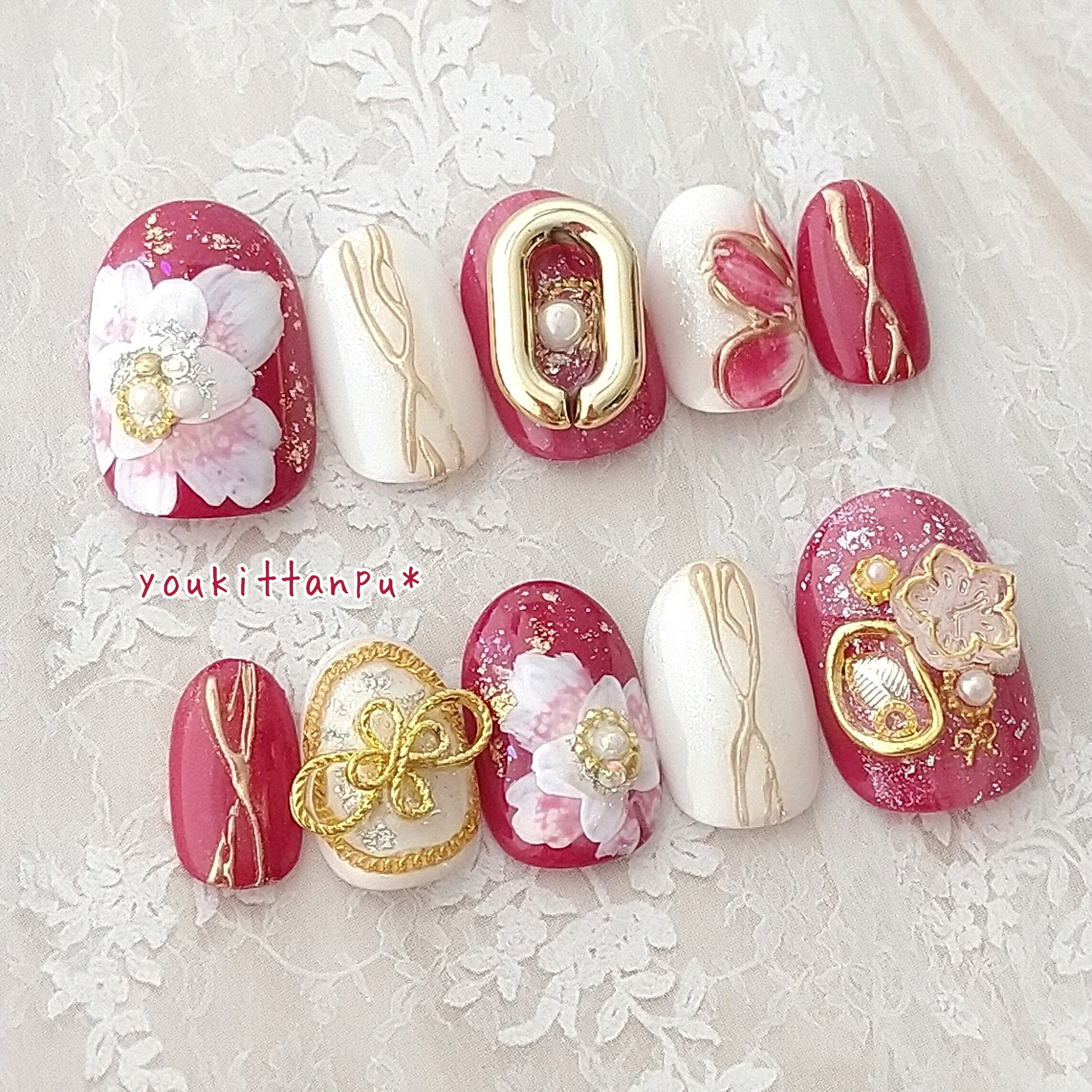 ネイルチップ＊麗華＊ブライダル ウェディング つけ爪 結婚式 白無垢 成人式 振袖 和装 フォーマル 華やか 春 夏 秋