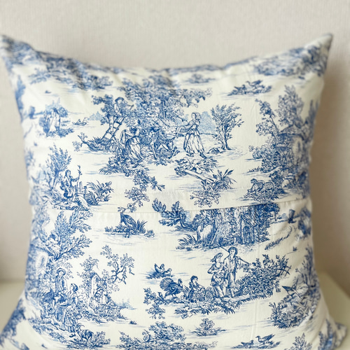 クッションカバー✥ブルー＆ホワイト✥45×45✥ファスナー式✥ハンドメイド 残り2特別価格】クッションカバー 45×45 トワルドジュイ 両面 オフ
