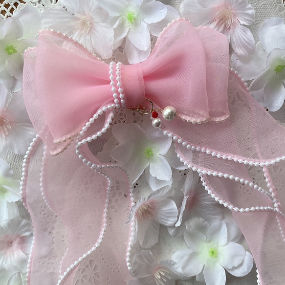 薄ピンク お花型 大 リボン × コットンパール バレッタ ヘアゴム クリップ