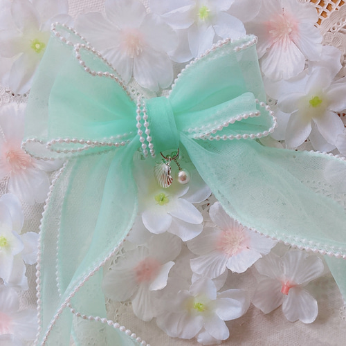 チャームとパール付き♪大きい たらりん リボン ヘアゴム ヘアクリップ  