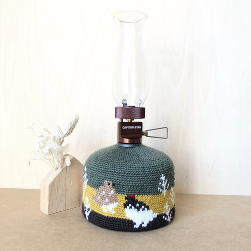 ガス缶カバー【ライチョウ/緑/ OD缶250 】＊手編み OD缶カバー 登山