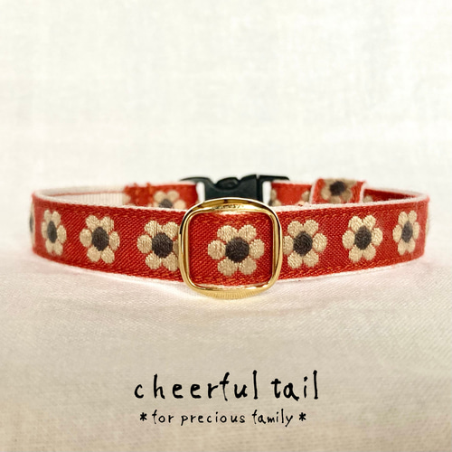 猫首輪＊レトロな花柄刺繍(くすみオレンジ×ベージュ) リード・首輪 