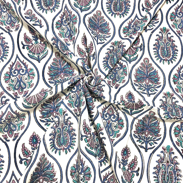 【50cm單位】白紫藍螺旋花印度手工塊印花布料棉質 第1張的照片