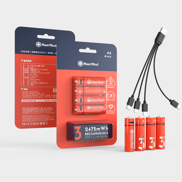 Meet Mind USB C 充電式リチウムイオン電池 AA/3 (4 を 1 カードに 4 本の充電ケーブル 1 組付き) 1枚目の画像