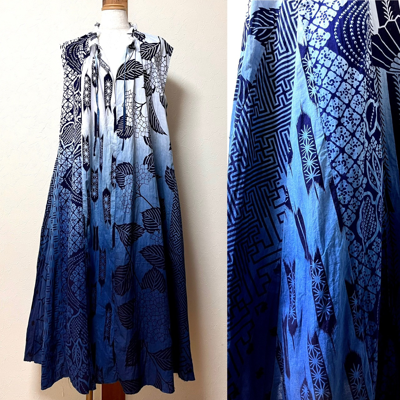 浴衣のパッチワーク 藍染めグラデーション フレンチスリーブワンピース