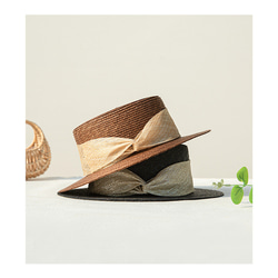 夏の日差しから守る麦わら帽子 フランス風レトロな編み上げフラットトップハット 女性用日よけ帽子 スーパーファインストロー 8枚目の画像
