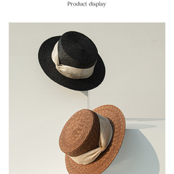 夏の日差しから守る麦わら帽子 フランス風レトロな編み上げフラットトップハット 女性用日よけ帽子 スーパーファインストロー 7枚目の画像