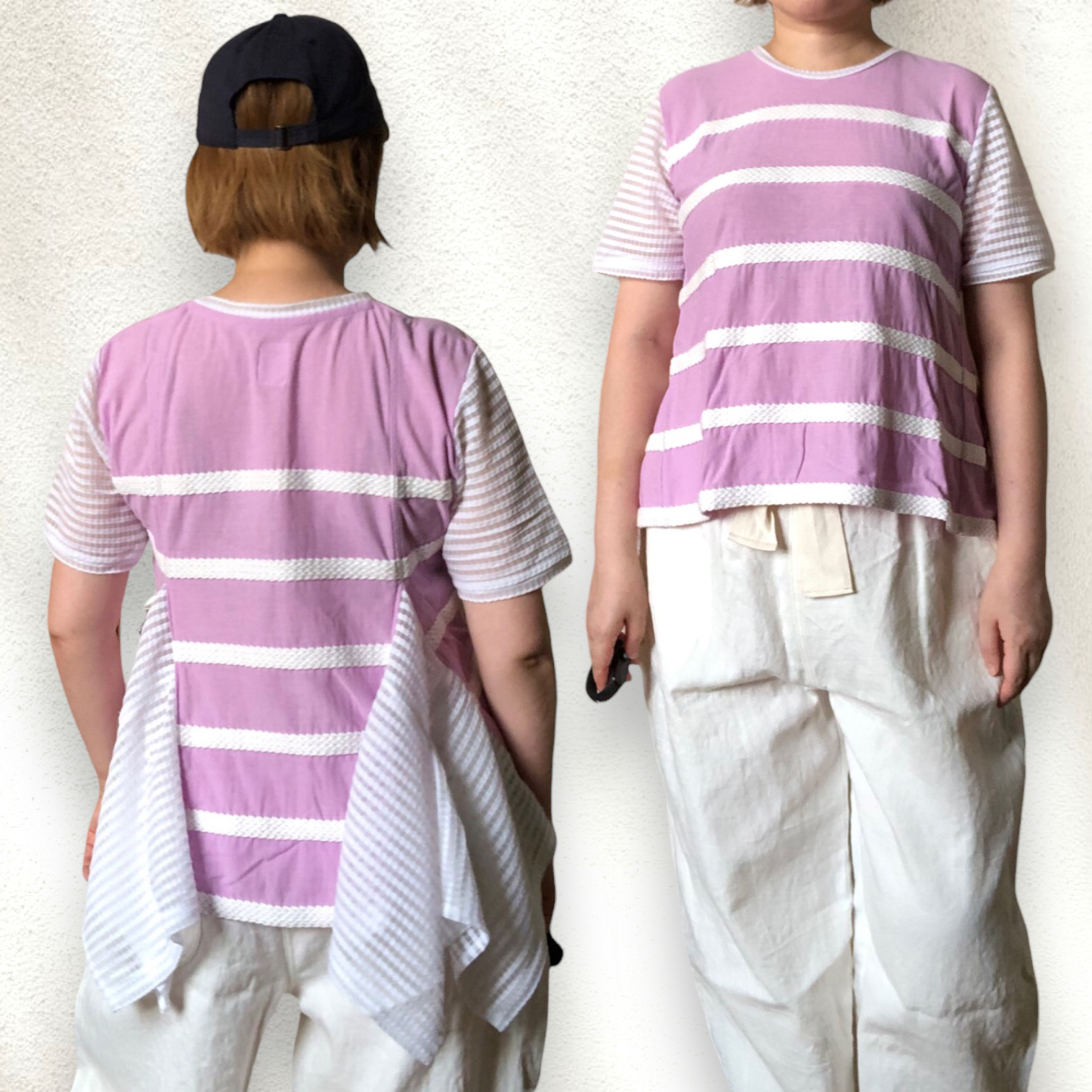 背中で揺れるシースルーの裾が特徴縄柄フィッシュテールTシャツ綿カットソーMサイズ